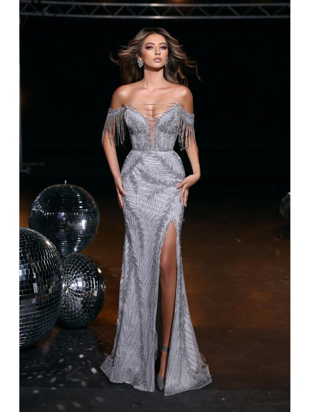 Silver Off-Shoulder Fitted Sequin Evening Dress w/ Plunging Neckline & High Slit